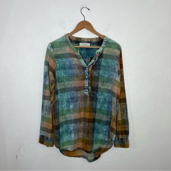 Anthropologie Isabella Sinclair Ruffled Plaid Henley Top Size Medium - Picture 12 of 13